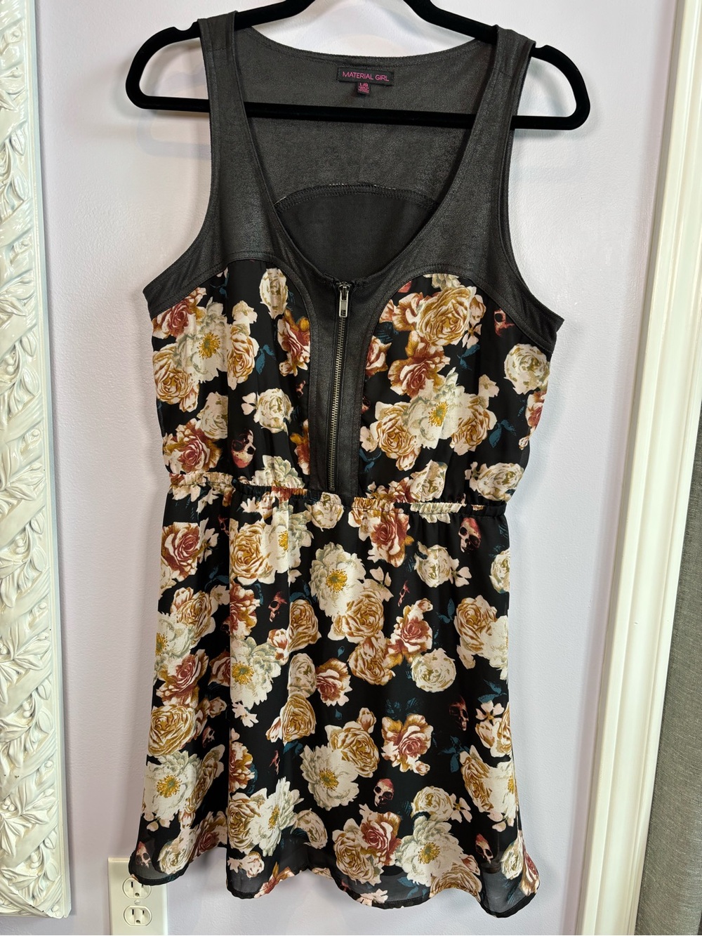 Material Girl Black Floral Zip-Front Mini Dress with Roses and Skulls Size Large